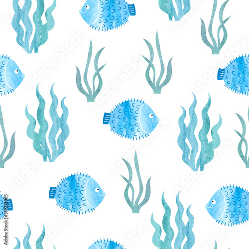 Seamless blue sea pattern with watercolor fish and seaweeds.