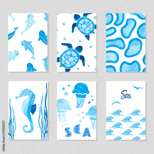 Watercolor sea cards set in...