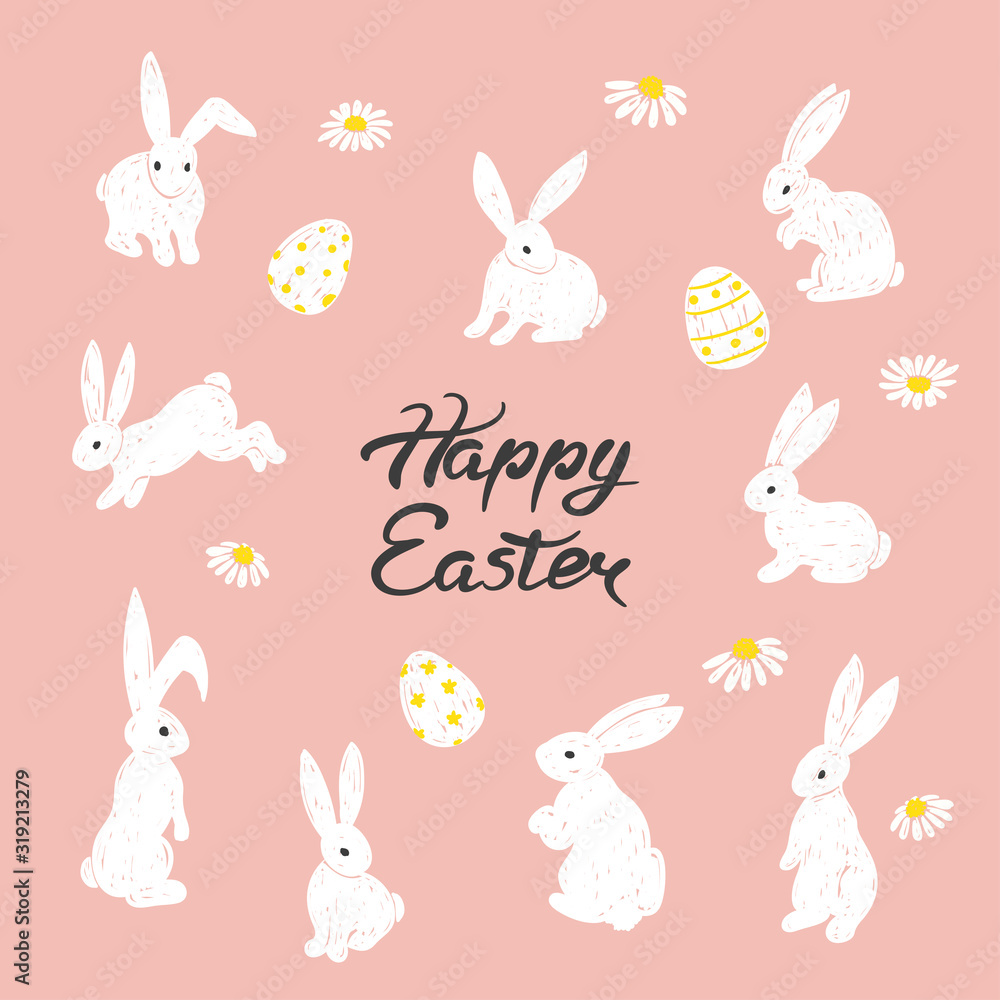 Easter bunny set. Hand drawn rabbits vector illustration.