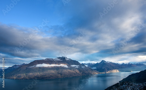 Queenstown New Zealand. Mountains. Clouds. Snow. Aerial.. Lake Wakatipu