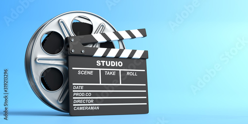 Film reel with clapperboard isolated on blue background in pastel colors. Minimalist creative concept. Cinema, movie, entertainment concept. 3d render illustration photo