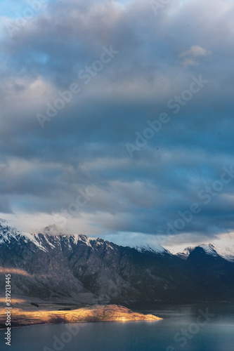 Queenstown New Zealand. Mountains. Clouds. Snow. Aerial.. Lake Wakatipu