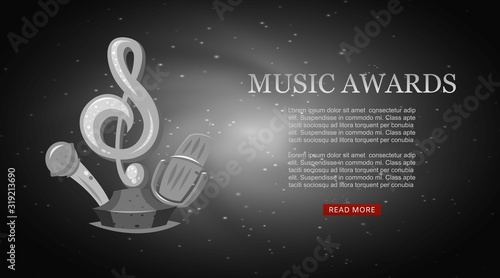 Cartoon music award musical note and microphone statuette entertainment for musician winner or top artist achievement prize snow on blur black vector illustration banner. Musical award prize banner.