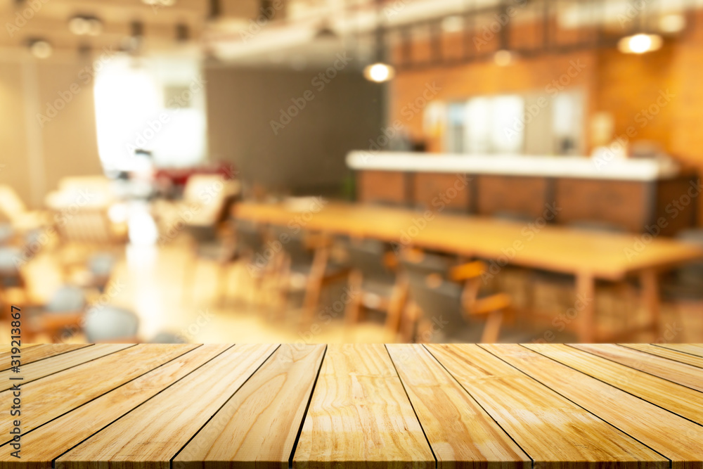 Perspective of wooden with blurred of shop background