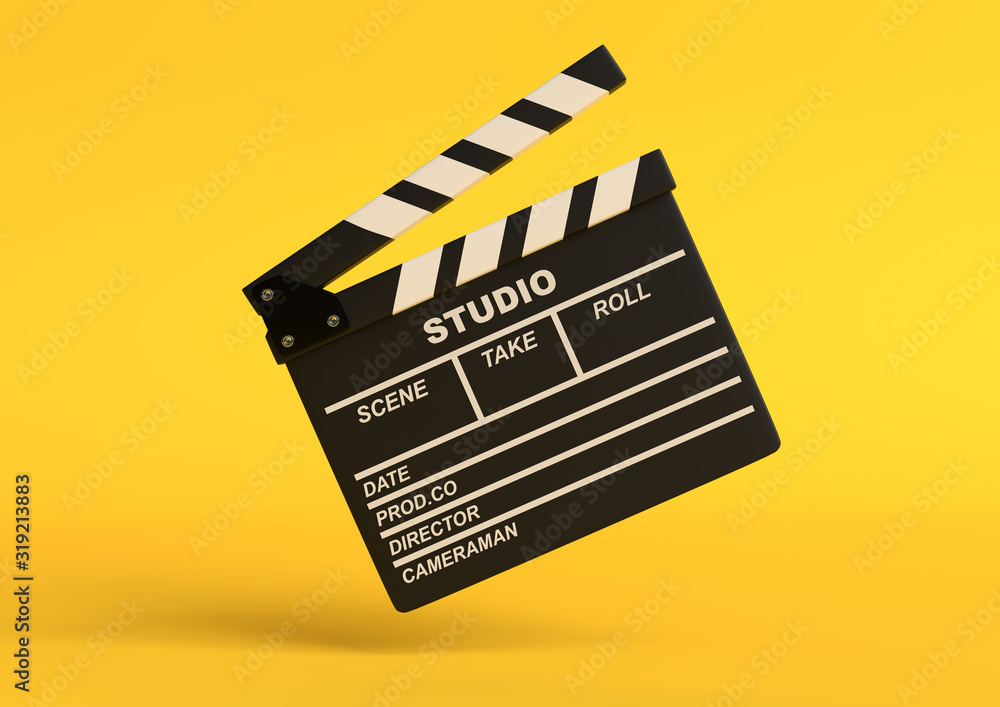 Flying сlapperboard isolated on bright yellow background in pastel colors. Minimalist creative concept. Cinema, movie, entertainment concept. 3d render illustration