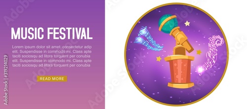 Cartoon music festival purple banner with musical notes and microphone statuette entertainment for winner or top artist achievement prize vector illustration. Musical award prize banner.