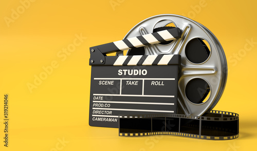 Fotografiet Film reel with clapperboard isolated on bright yellow background in pastel colors