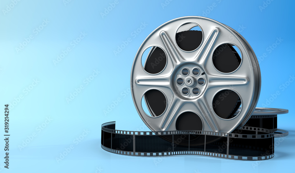 Obraz premium Film reel isolated on bright blue background in pastel colors. Minimalist creative concept. Cinema, movie, entertainment concept. 3d render illustration