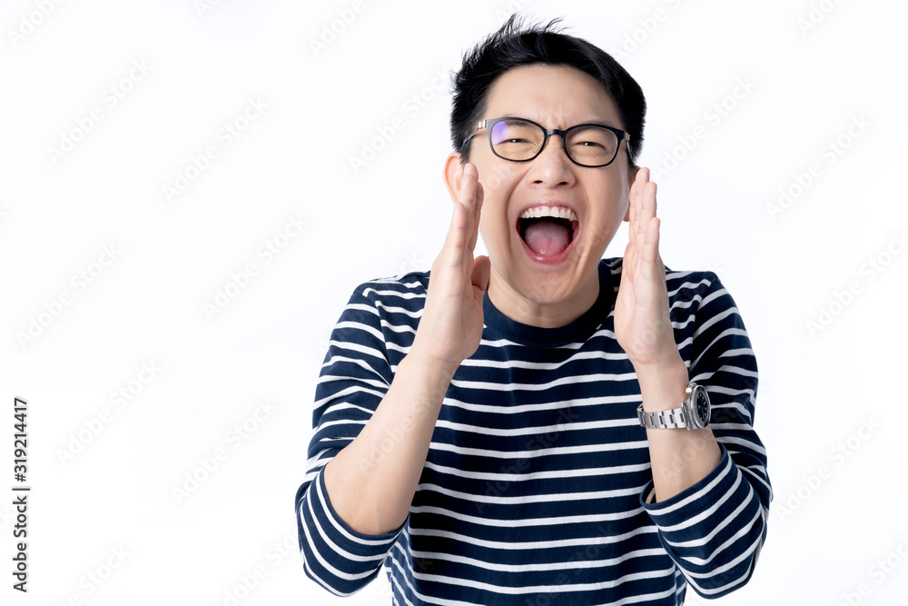 smart attractive asian glasses male hand rise up cheerful exited standing and smile with freshness and joyful casual blue shirt portrait white background smart attractive asian glasses male hand rise up cheerful exited standing and smile with freshness and joyful casual blue shirt portrait white background