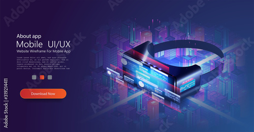 Futuristic city concept. Virtual smart city concept. Virtual augmented reality glasses concept with hologram city . Landing page template. 3d vector isometric illustration.