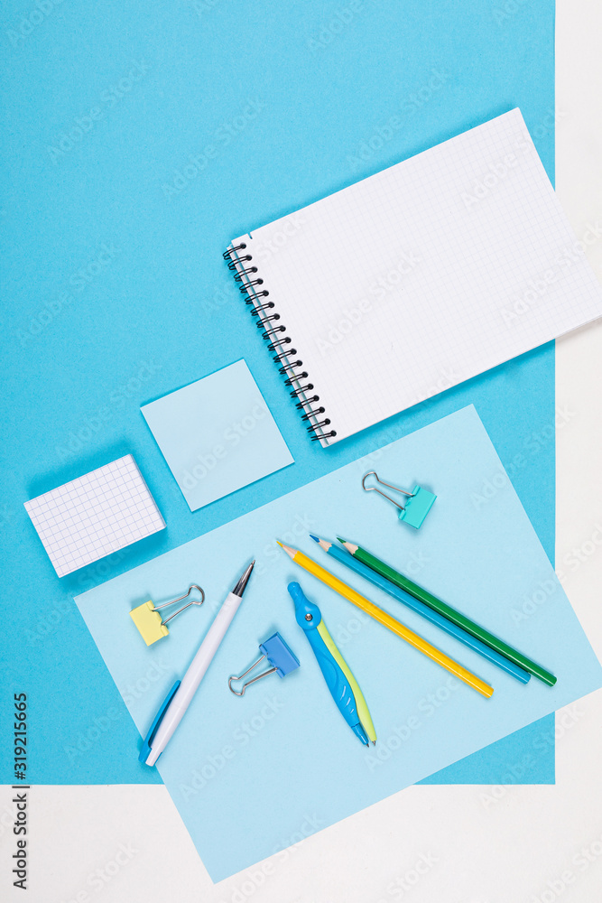 Stationery isolated on blue and white background Stationery isolated on blue and white background