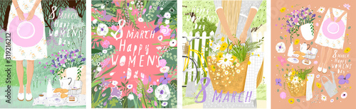 Happy Women's Day March 8! Cute spring vector illustration of a woman with a hat and a basket of flowers on nature on a picnic. Drawing for card, background and poster.
