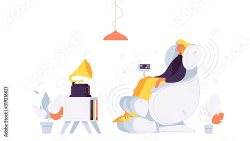 Young happy woman relaxing in full body massage chair listening to music. Isolated on white background vector illustration in flat style decorated with lines. Home interior scene with gramophone