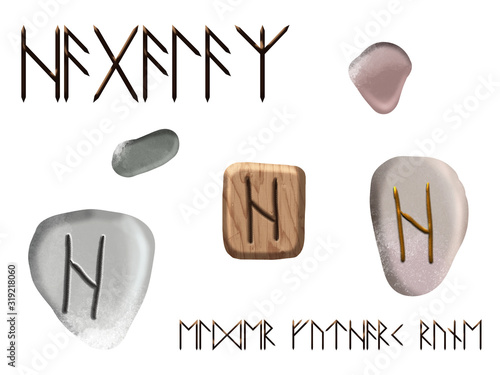 Set of hagalaz magic german runes Elder Futhark on wooden block and stones isolated on white background photo