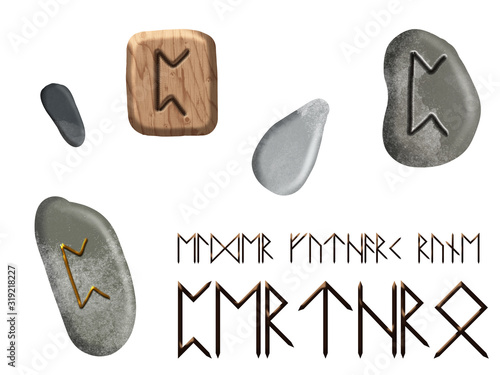 Set of perthro magic german runes Elder Futhark on wooden block and stones isolated on white background photo