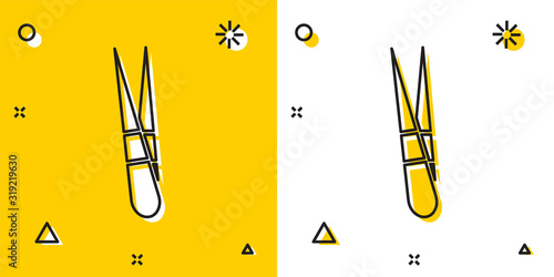 Black Eyebrow tweezers icon isolated on yellow and white background. Cosmetic tweezers for ingrown hair. Random dynamic shapes. Vector Illustration