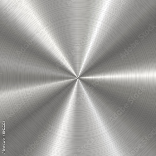 Circular brushed metal texture. Vector radial steel background with scratches.