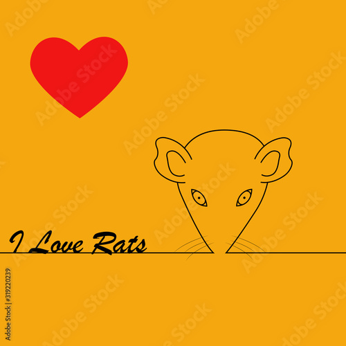 I love rats. heart black rat head. face contour vector image