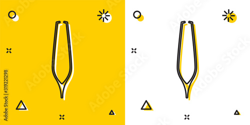 Black Eyebrow tweezers icon isolated on yellow and white background. Cosmetic tweezers for ingrown hair. Random dynamic shapes. Vector Illustration
