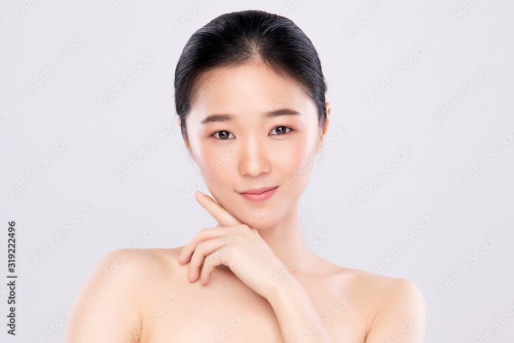 Portrait beautiful young asian woman clean fresh bare skin concept. Asian girl beauty face skincare and health wellness, Facial treatment, Perfect skin, Natural makeup, on white background,two Portrait beautiful young asian woman clean fresh bare skin concept. Asian girl beauty face skincare and health wellness, Facial treatment, Perfect skin, Natural makeup, on white background,two