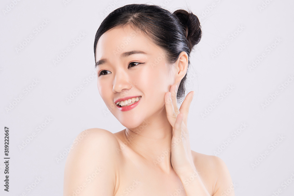 Portrait beautiful young asian woman clean fresh bare skin concept. Asian girl beauty face skincare and health wellness, Facial treatment, Perfect skin, Natural makeup, on white background,two Portrait beautiful young asian woman clean fresh bare skin concept. Asian girl beauty face skincare and health wellness, Facial treatment, Perfect skin, Natural makeup, on white background,two