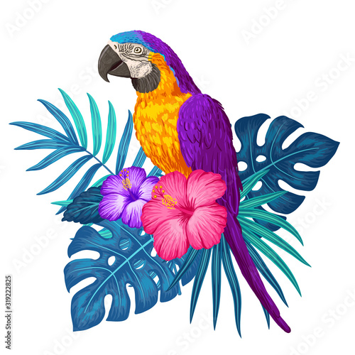 Parrot macaw with tropical plants