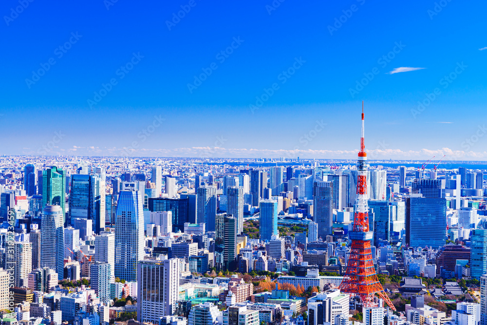 Naklejka premium 東京 都市風景 風景 日本 Tokyo 景気 経済 金融 青空 ランドマーク シンボル パノラマ