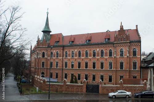  The most famous Polish Royal Cracow Wawel Castle on Christmas Day in rainy weather.