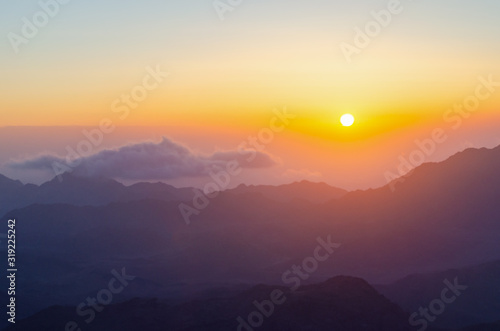 View from the mountain of Moses, a beautiful sunrise in the mountains of Egypt