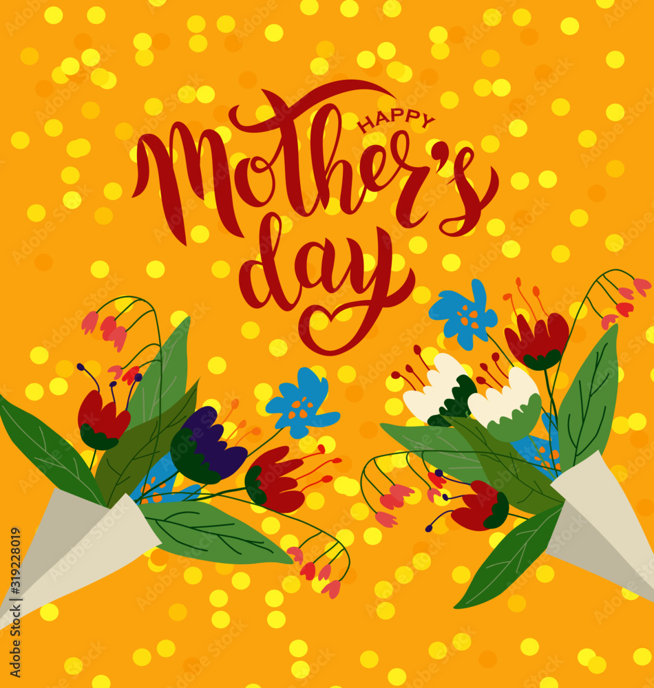 Happy Mother’s day hand lettering text with beautiful flower. Good for the holiday of mom, vector illustration. Typography. Card, poster, banner, invitation, postcard. Happy Mother’s day hand lettering text with beautiful flower. Good for the holiday of mom, vector illustration. Typography. Card, poster, banner, invitation, postcard.