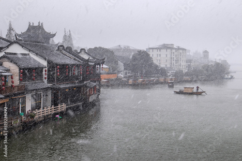 Snowfall in an ancient chinese city Zhujiajiao, Shangha, China