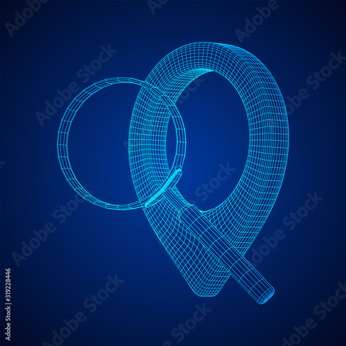 Location pin geo mark icon for travel with magnifying glass. Search path navigator concept. Wireframe low poly mesh vector illustration