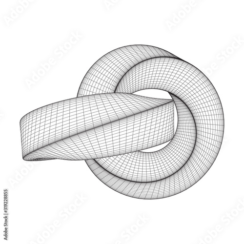 Mobius strip ring knot sacred geometry. Spatial figure with upturned surfaces. Optical illusion with dual circular contour. Wireframe low poly mesh vector illustration.