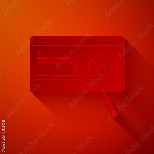Paper cut System bug concept icon isolated on red background. Code bug concept. Bug in the system. Bug searching. Paper art style. Vector Illustration