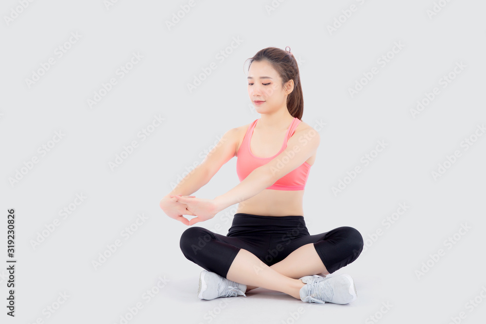 Beautiful young asian woman in sport sitting stretch muscle arm workout with healthy isolated on white background, girl wear shape fit warm up and exercise and yoga for health, wellness concept. Beautiful young asian woman in sport sitting stretch muscle arm workout with healthy isolated on white background, girl wear shape fit warm up and exercise and yoga for health, wellness concept.