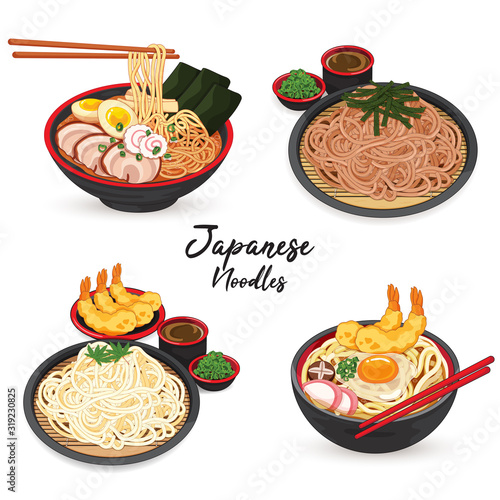 Japanese ramen udon soba and somen noodles recipe illustration isolated vector.
