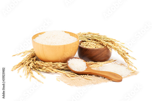 White Jasmine rice and paddy rice in wooden bowl and unmilled rice with Ear of rice isolated on white background