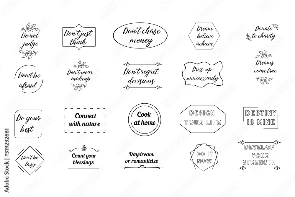 Set of 20 vector Motivation Inspiring Quotes. Ready to post in social media, brochure, magazine Set of 20 vector Motivation Inspiring Quotes. Ready to post in social media, brochure, magazine