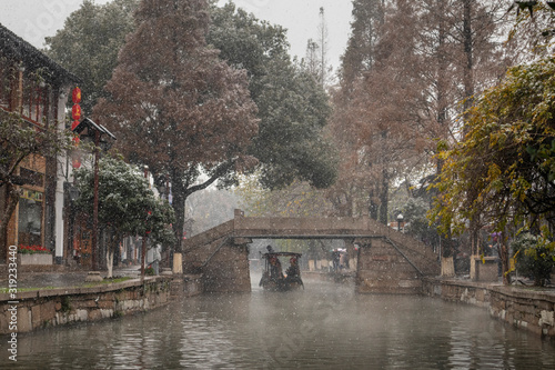 Snowfall in an ancient chinese city Zhujiajiao, Shangha, China