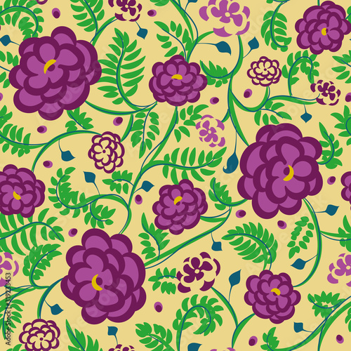 Violet flowers and green leaves beautiful seamless vector pattern. Decorative feminine surface print design. Great for summer projects.