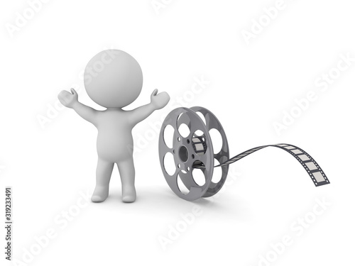 3D Character is happy next to film reel