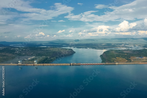 Fototapeta Naklejka Na Ścianę i Meble -  Fraternal hydroelectric power station, view of dam and river, in