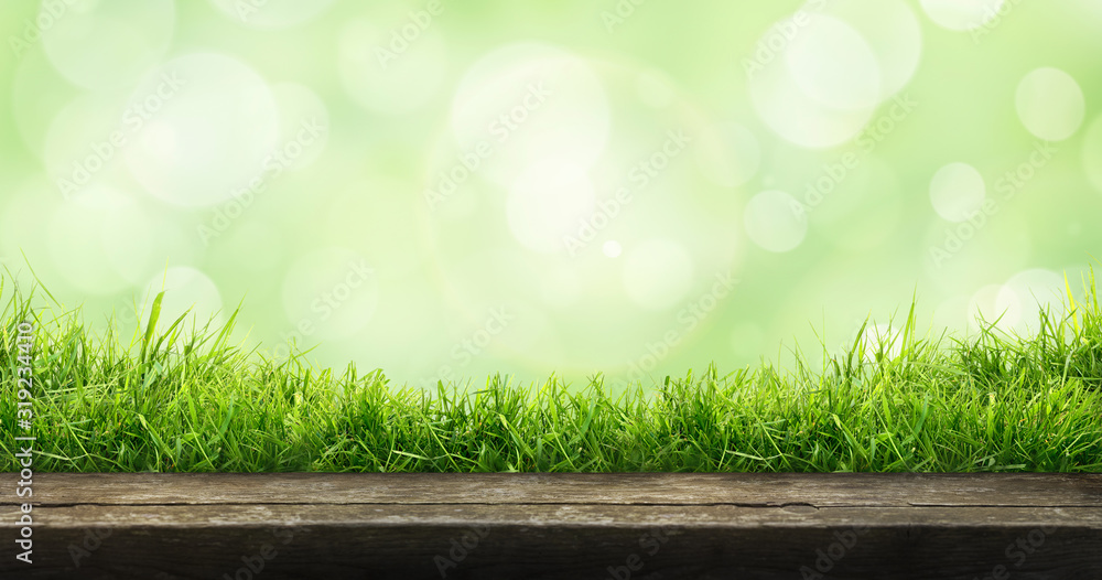 Naklejka A fresh spring sunny garden background of green grass and blurred foliage bokeh with a wooden table to place cut out products on.