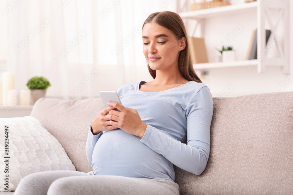 Expectant Girl Using Smartphone Texting Sitting On Sofa At Home Expectant Girl Using Smartphone Texting Sitting On Sofa At Home