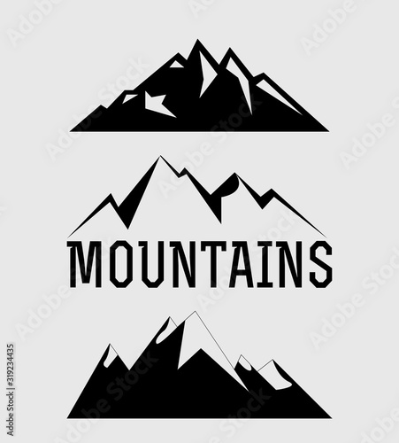 Photography Set of black mountains icons and logos isolated on grey background