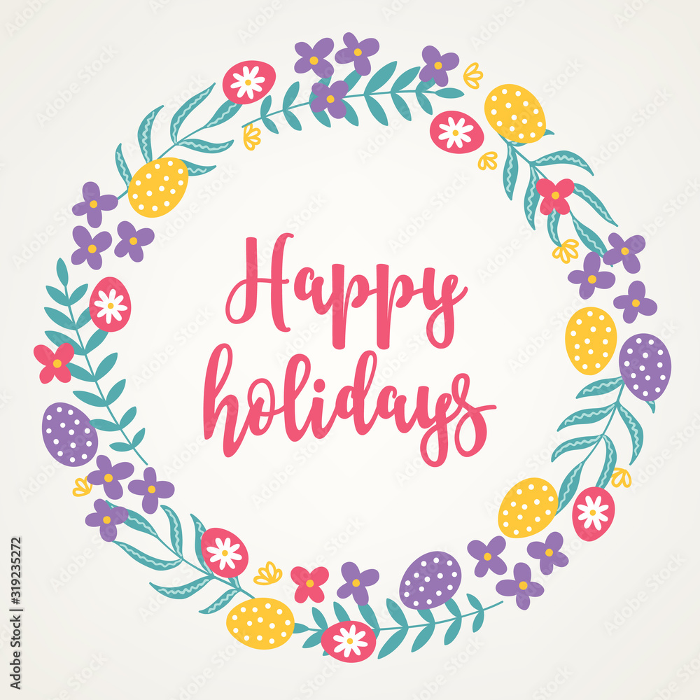 Easter wreath with colorful eggs, flowers and branches. Circle ornament. Easter wreath with colorful eggs, flowers and branches. Circle ornament.