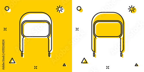 Black Winter hat with ear flaps icon isolated on yellow and white background. Random dynamic shapes. Vector Illustration