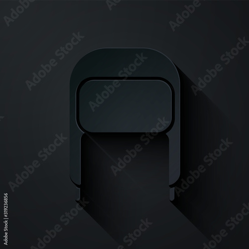 Paper cut Winter hat with ear flaps icon isolated on black background. Paper art style. Vector Illustration