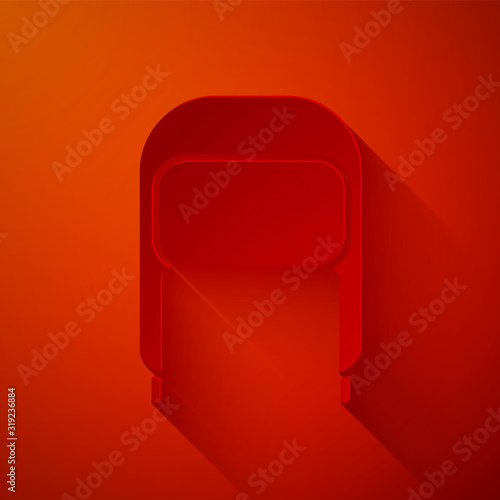 Paper cut Winter hat with ear flaps icon isolated on red background. Paper art style. Vector Illustration