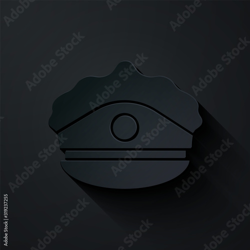 Paper cut Police cap with cockade icon isolated on black background. Police hat sign. Paper art style. Vector Illustration
